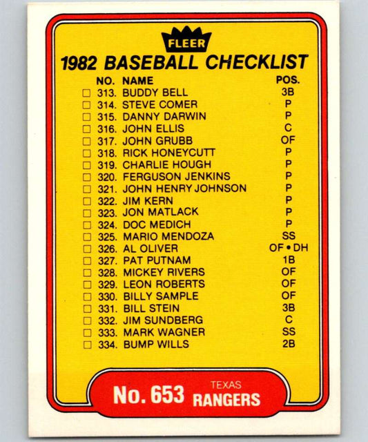 1982 Fleer #653 Checklist: Rangers/White Sox Image 1