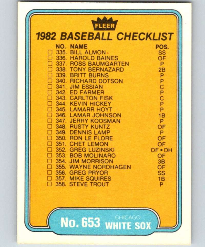 1982 Fleer #653 Checklist: Rangers/White Sox Image 2