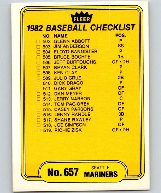 1982 Fleer #657 Checklist: Mariners/Mets Image 1