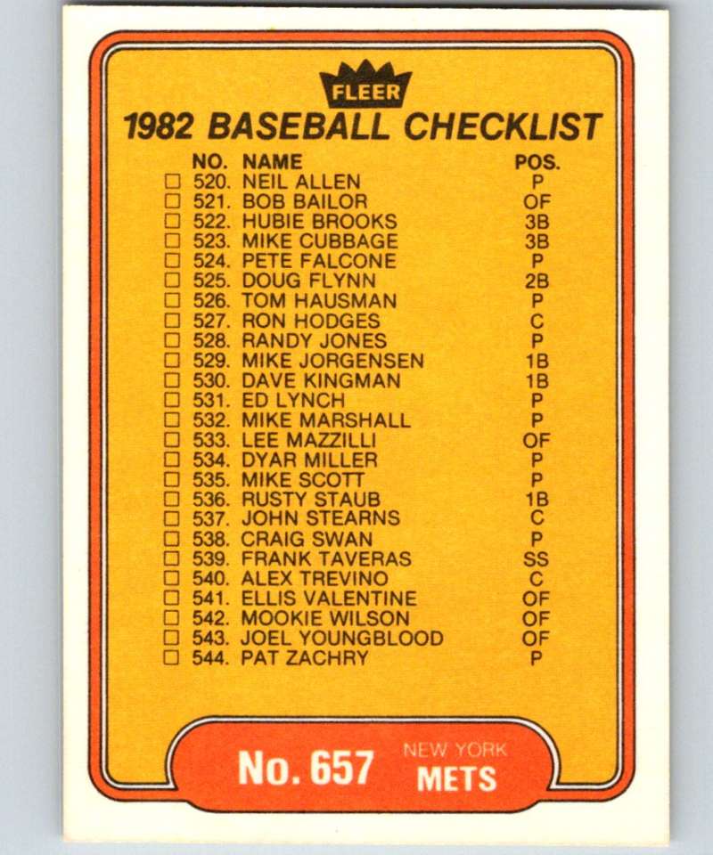 1982 Fleer #657 Checklist: Mariners/Mets Image 2