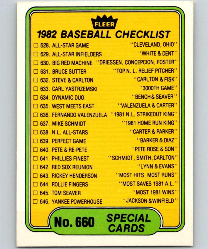 1982 Fleer #660 Specials Checklist