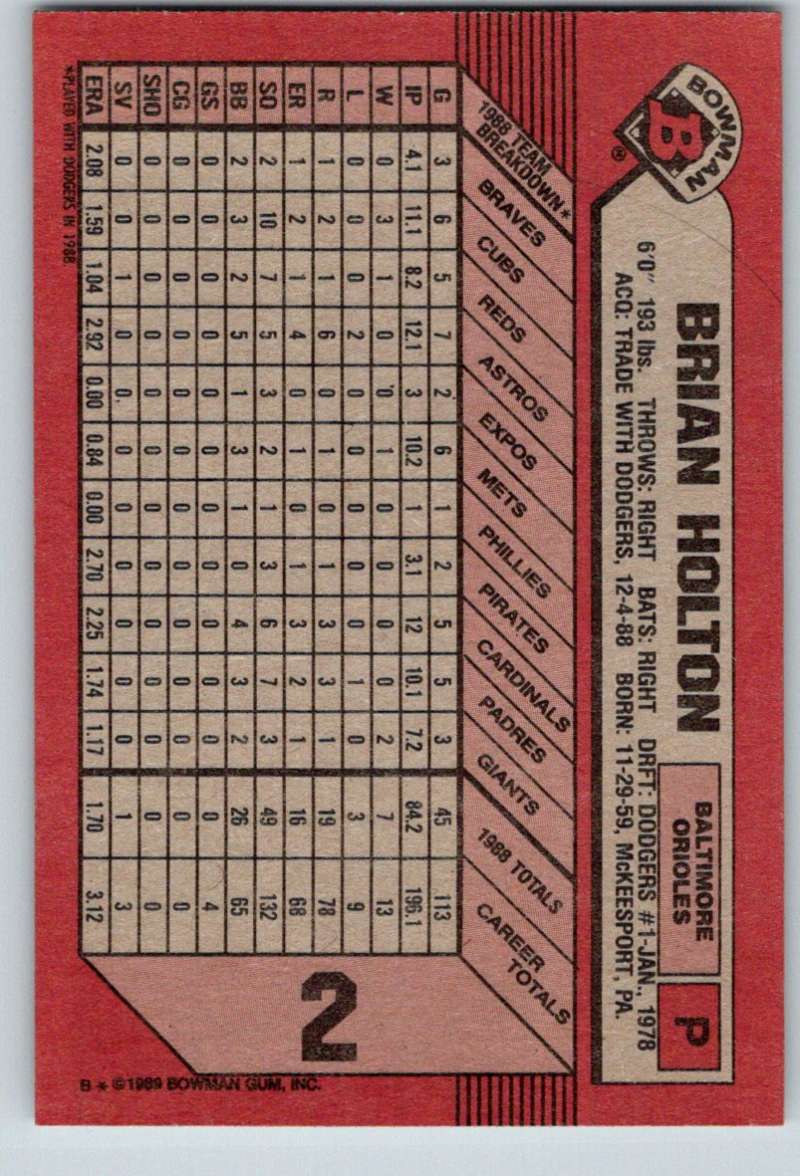 1989 Bowman #2 Brian Holton Orioles MLB Baseball Image 2