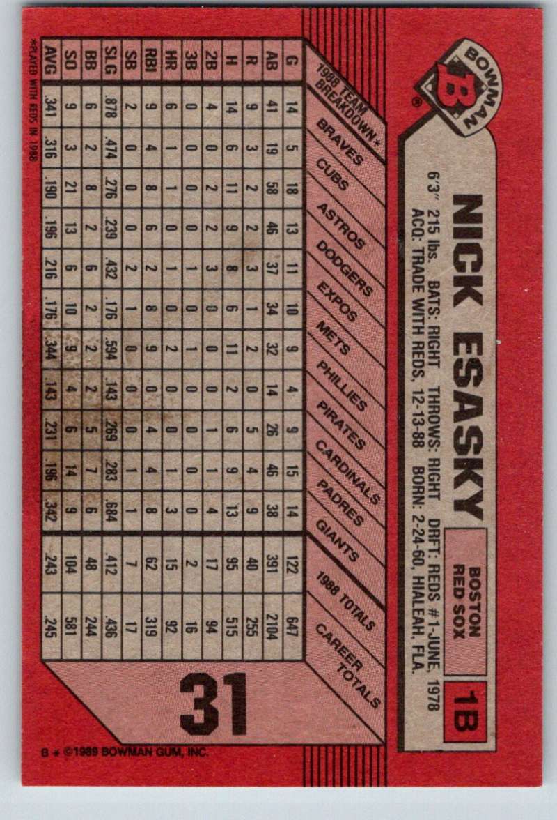 1989 Bowman #31 Nick Esasky Red Sox MLB Baseball Image 2