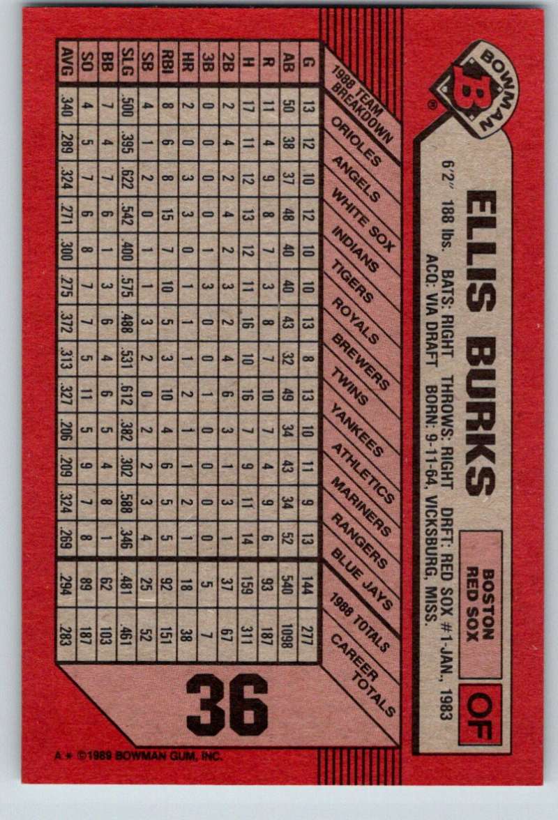 1989 Bowman #36 Ellis Burks Red Sox MLB Baseball Image 2