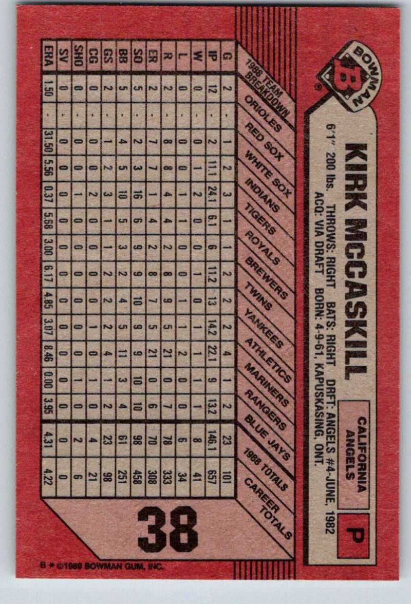 1989 Bowman #38 Kirk McCaskill Angels MLB Baseball Image 2