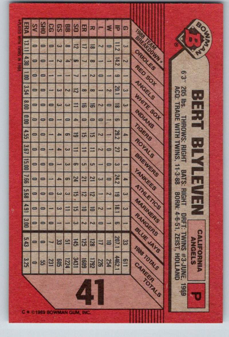 1989 Bowman #41 Bert Blyleven Angels MLB Baseball