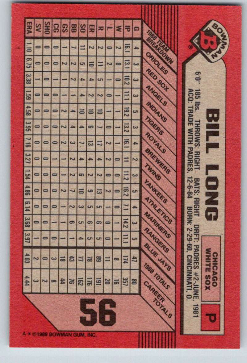 1989 Bowman #56 Bill Long White Sox MLB Baseball Image 2