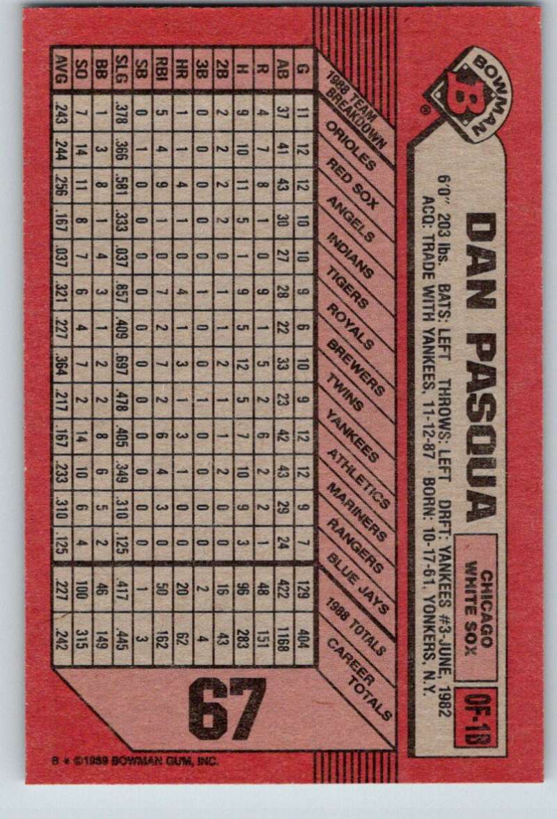 1989 Bowman #67 Dan Pasqua White Sox MLB Baseball Image 2