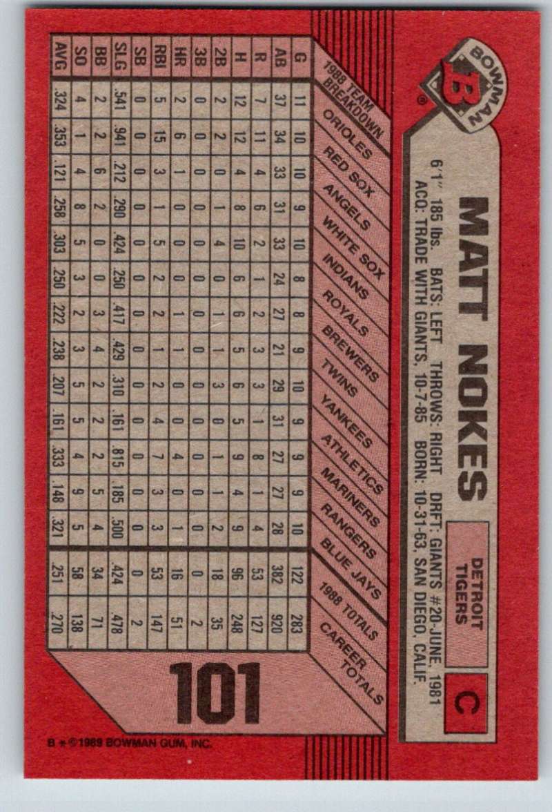 1989 Bowman #101 Matt Nokes Tigers MLB Baseball