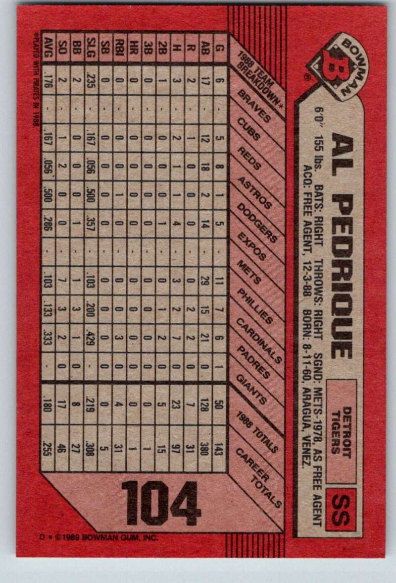 1989 Bowman #104 Al Pedrique Tigers MLB Baseball