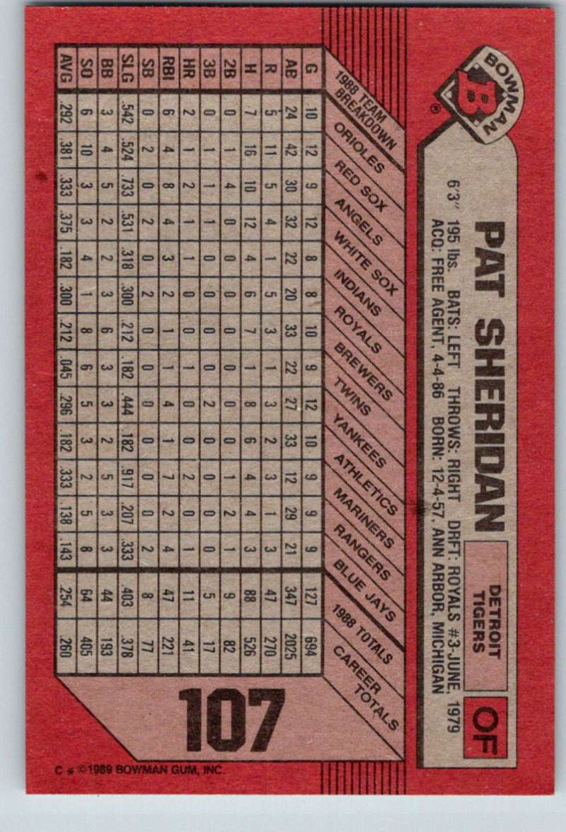 1989 Bowman #107 Pat Sheridan Tigers MLB Baseball