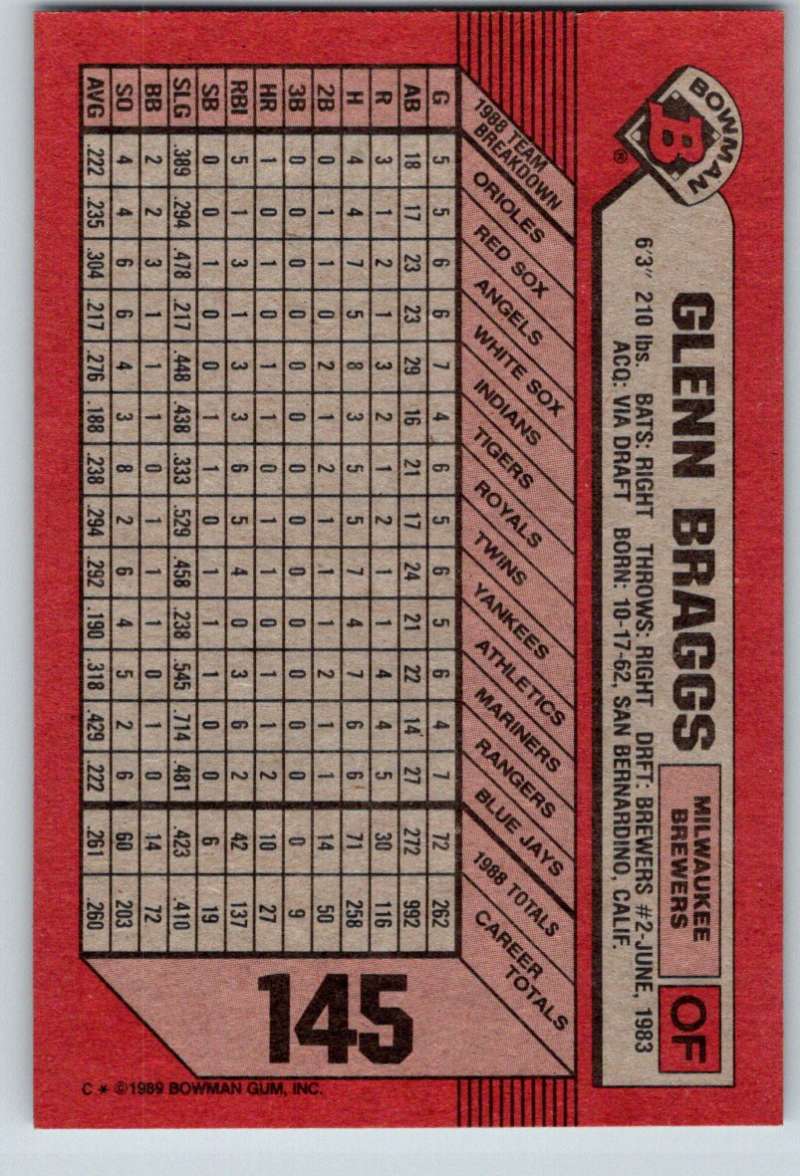 1989 Bowman #145 Glenn Braggs Brewers MLB Baseball