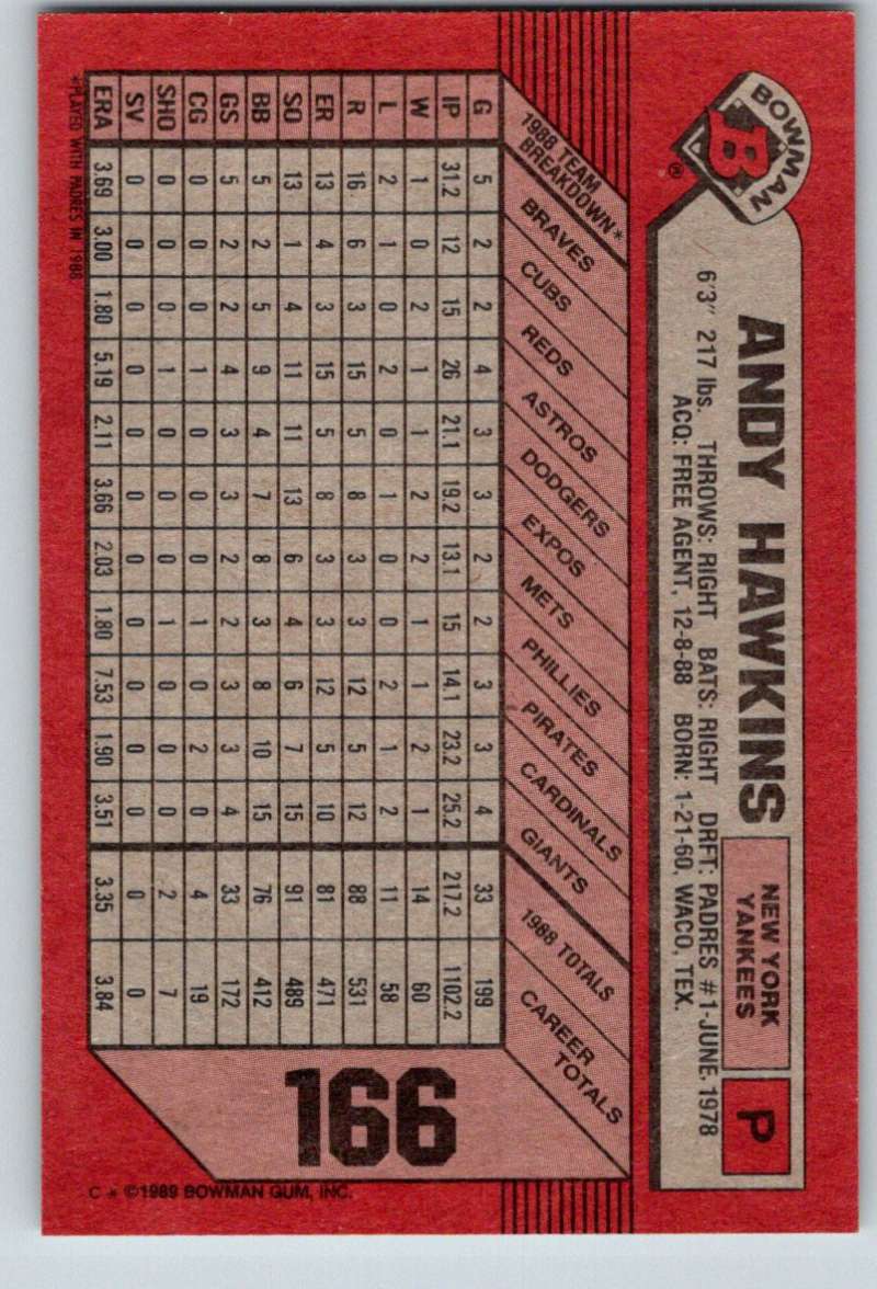 1989 Bowman #166 Andy Hawkins Yankees MLB Baseball