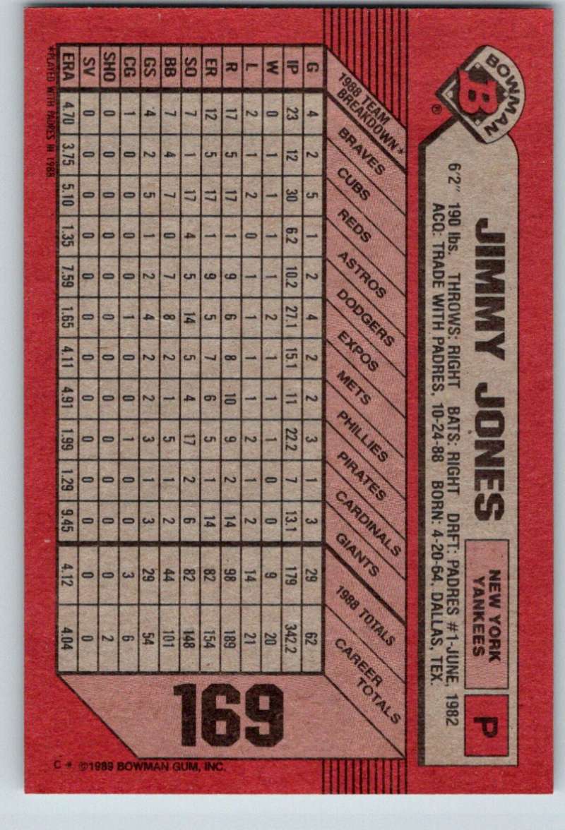 1989 Bowman #169 Jimmy Jones Yankees MLB Baseball Image 2