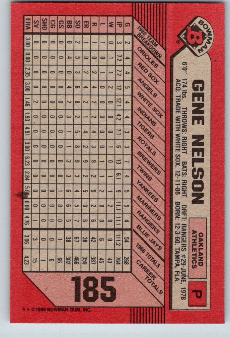 1989 Bowman #185 Gene Nelson Athletics MLB Baseball Image 2