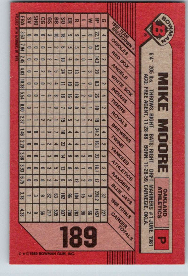 1989 Bowman #189 Mike Moore Athletics MLB Baseball Image 2