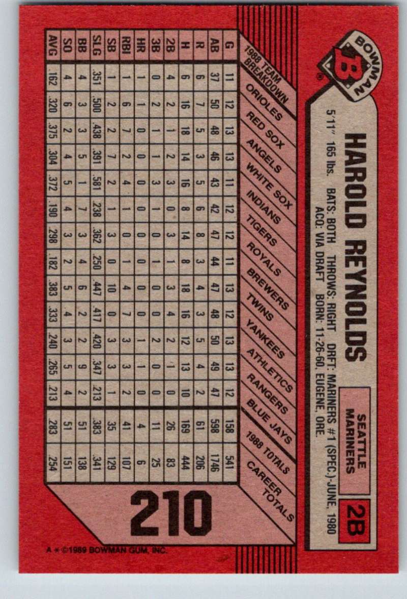 1989 Bowman #210 Harold Reynolds Mariners MLB Baseball Image 2