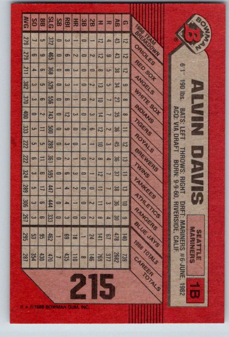 1989 Bowman #215 Alvin Davis Mariners MLB Baseball Image 2