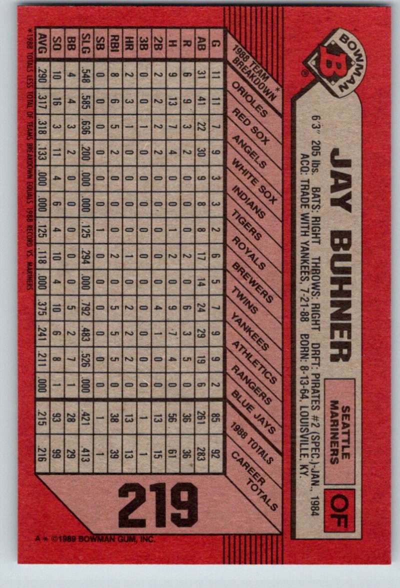 1989 Bowman #219 Jay Buhner Mariners MLB Baseball