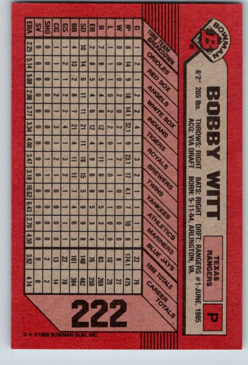 1989 Bowman #222 Bobby Witt Rangers MLB Baseball Image 2