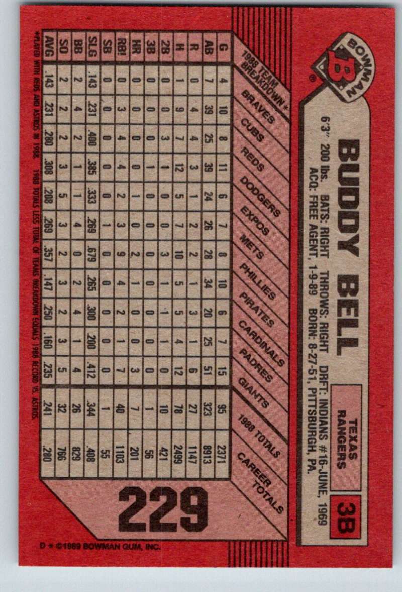 1989 Bowman #229 Buddy Bell Rangers MLB Baseball