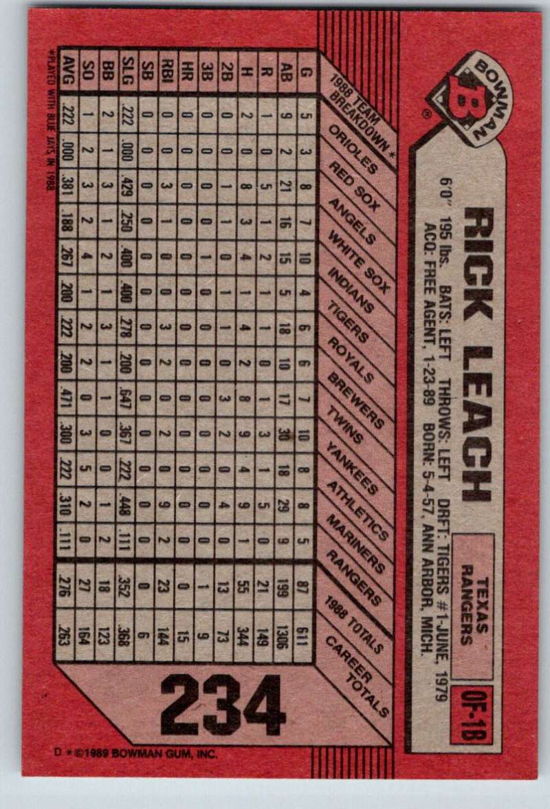 1989 Bowman #234 Rick Leach Rangers MLB Baseball
