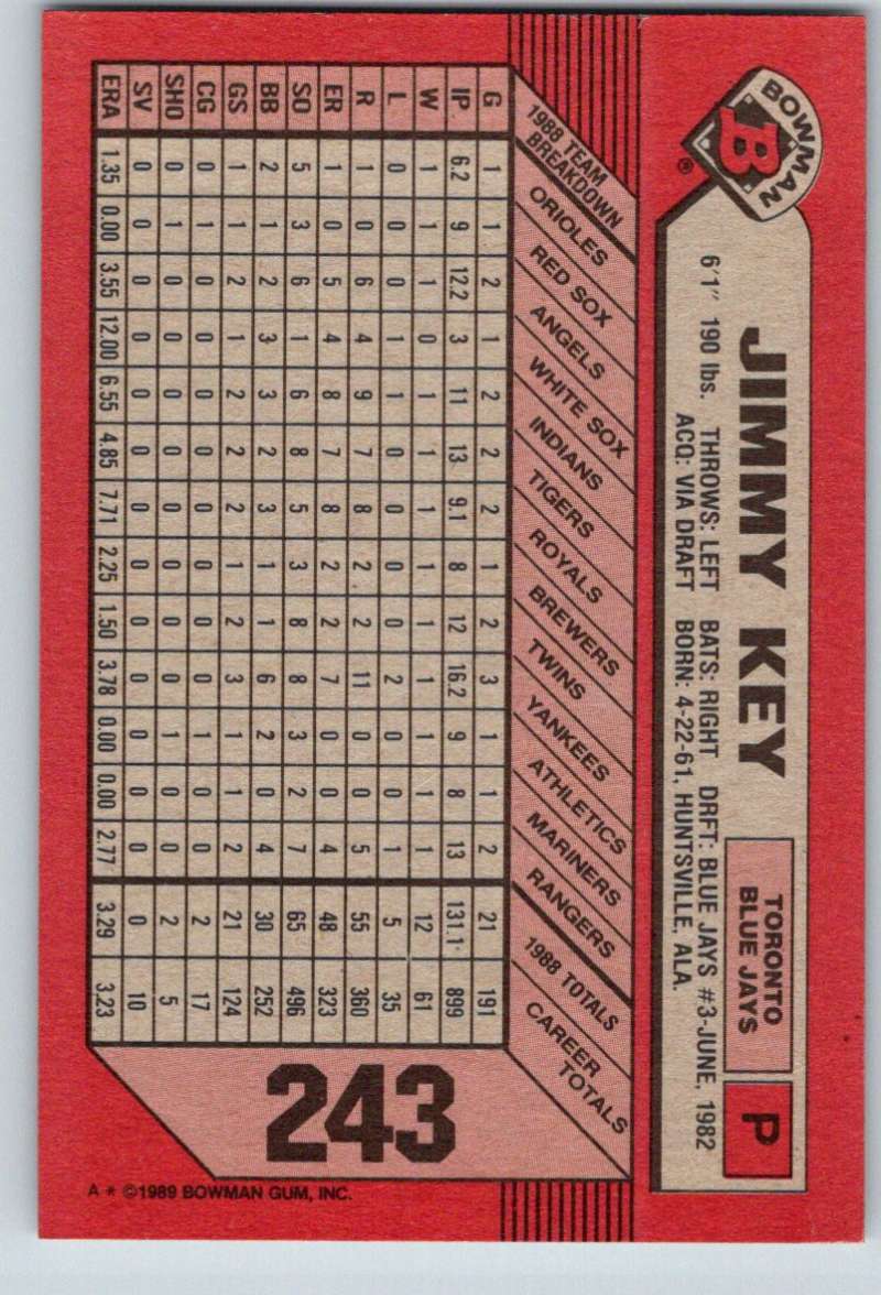 1989 Bowman #243 Jimmy Key Blue Jays MLB Baseball Image 2