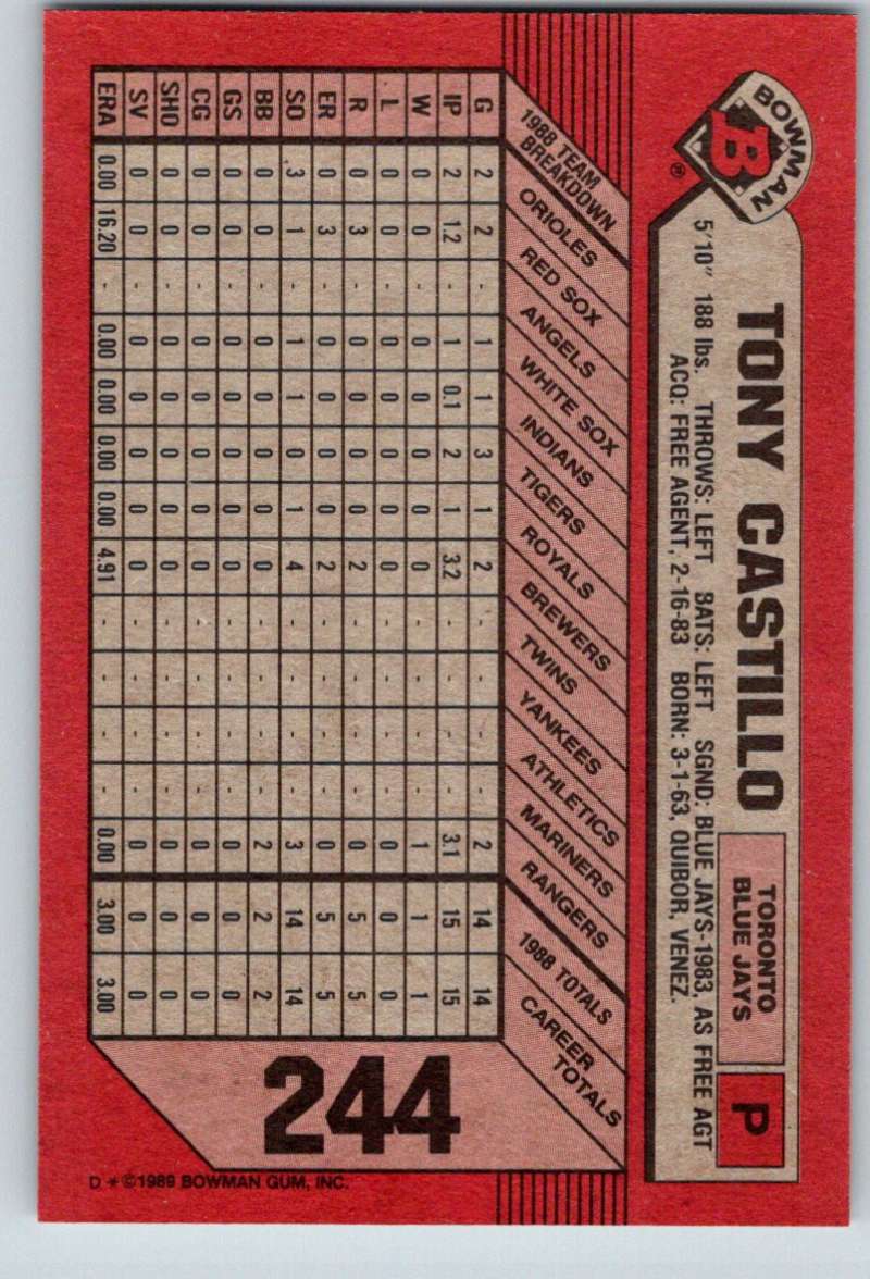 1989 Bowman #244 Tony Castillo RC Rookie Blue Jays MLB Baseball Image 2