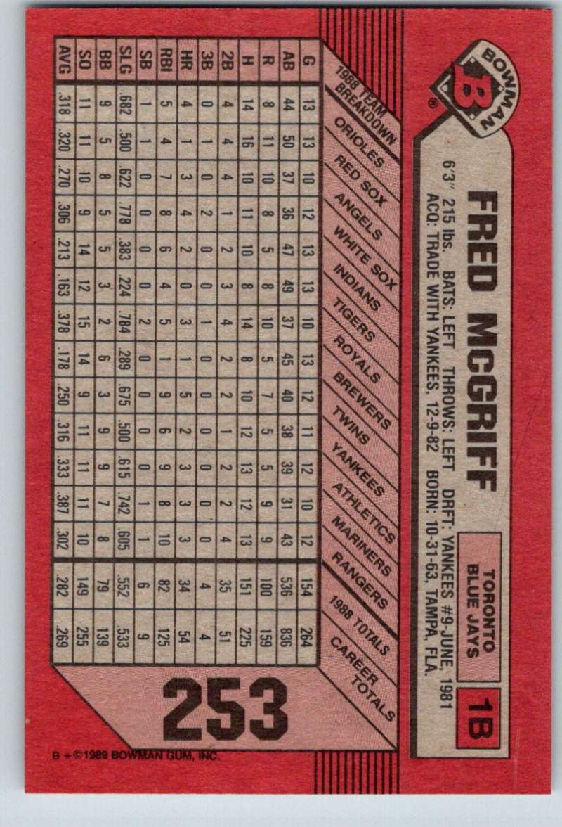 1989 Bowman #253 Fred McGriff Blue Jays MLB Baseball Image 2