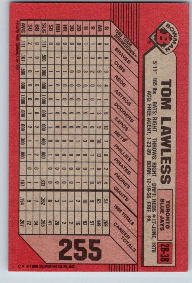 1989 Bowman #255 Tom Lawless Blue Jays MLB Baseball Image 2
