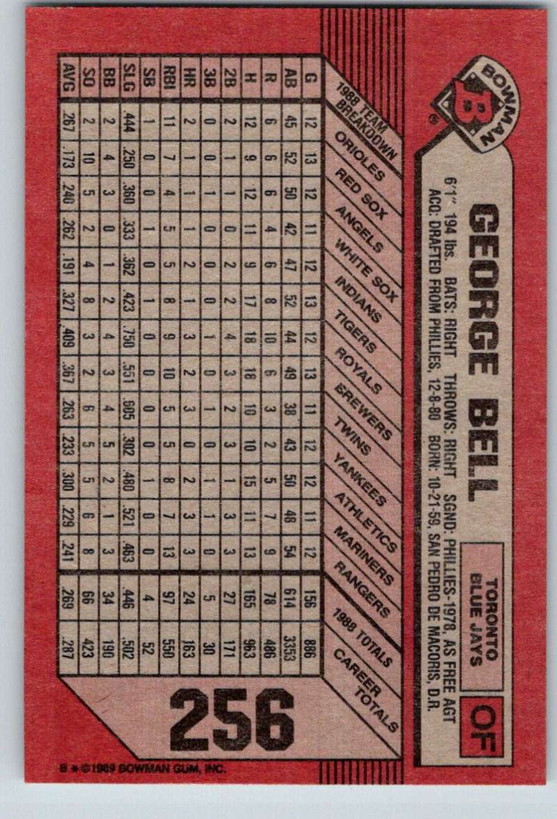 1989 Bowman #256 George Bell Blue Jays MLB Baseball Image 2