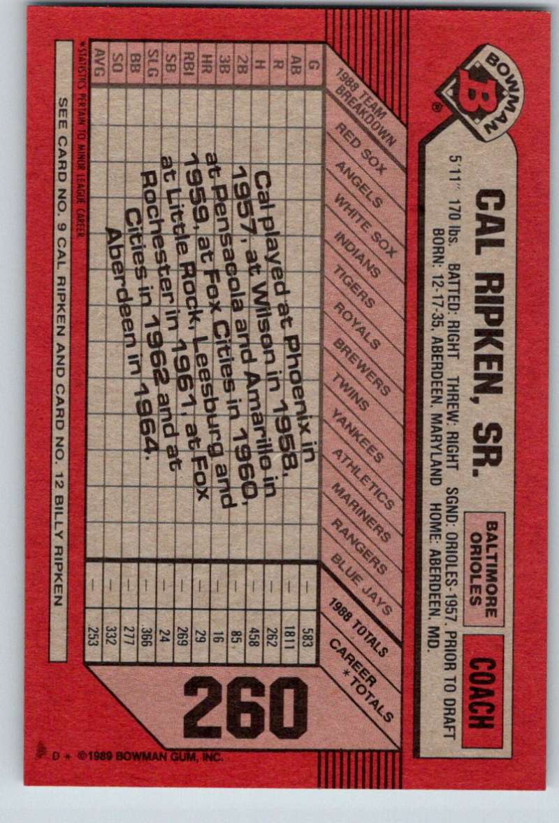 1989 Bowman #260 Cal Ripken Sr./Cal Ripken Jr./Billy Ripken Orioles MLB Baseball Image 2