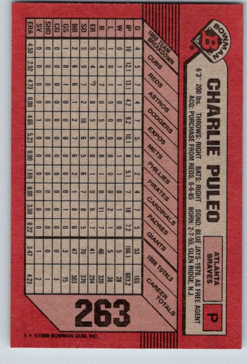 1989 Bowman #263 Charlie Puleo Braves MLB Baseball Image 2