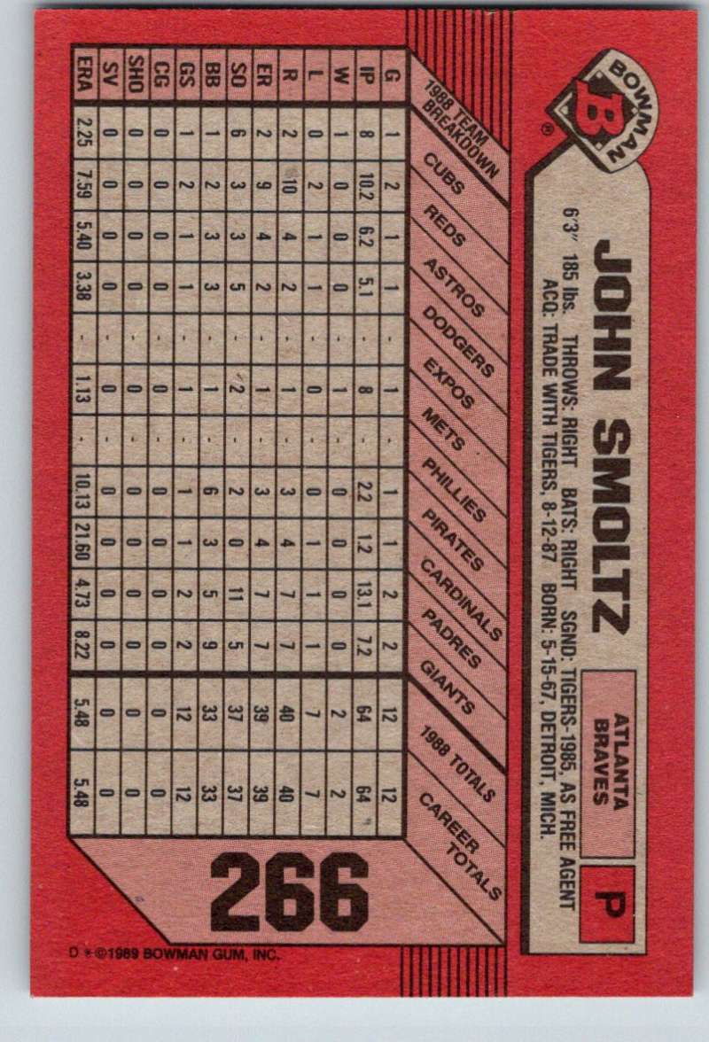1989 Bowman #266 John Smoltz RC Rookie Braves MLB Baseball