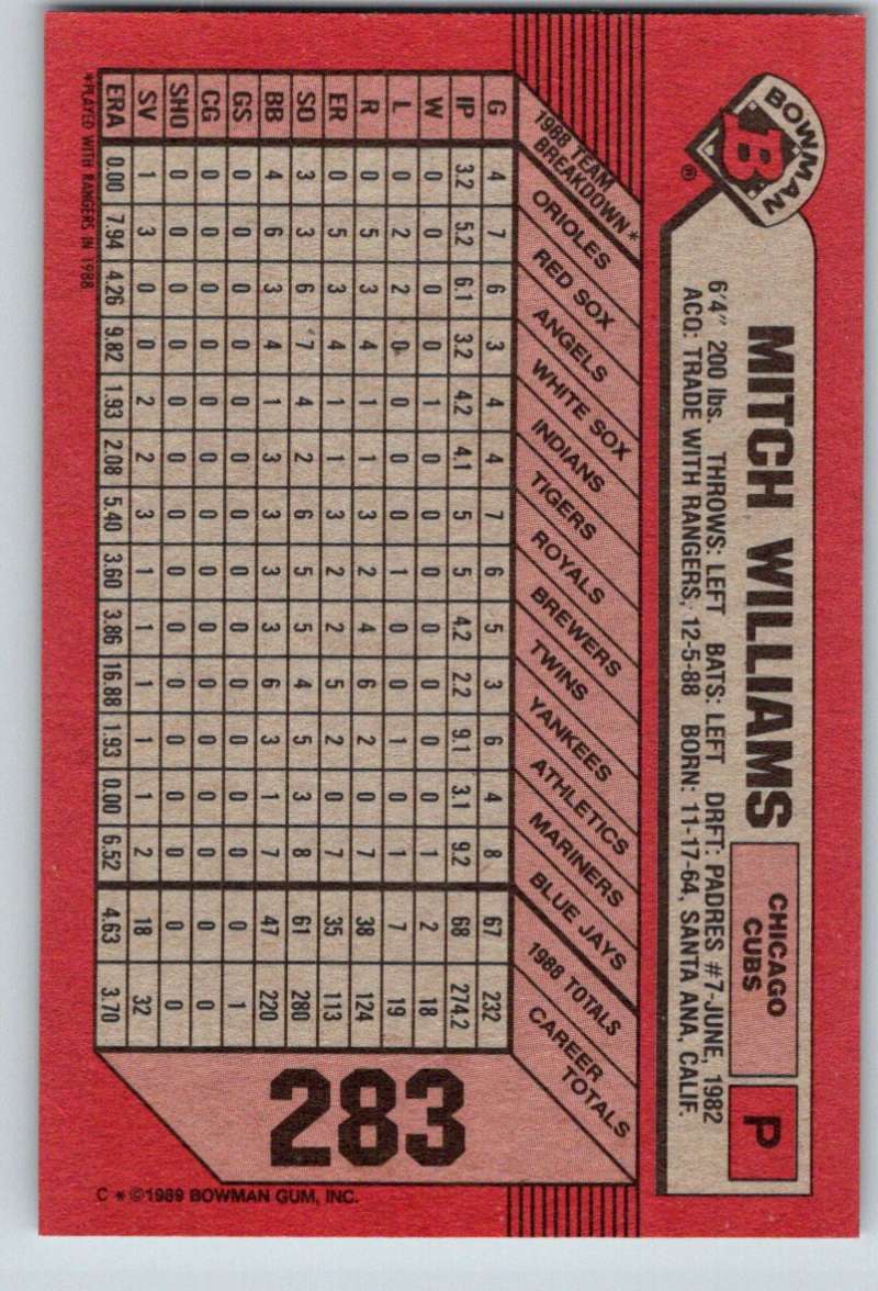 1989 Bowman #283 Mitch Williams Cubs MLB Baseball Image 2