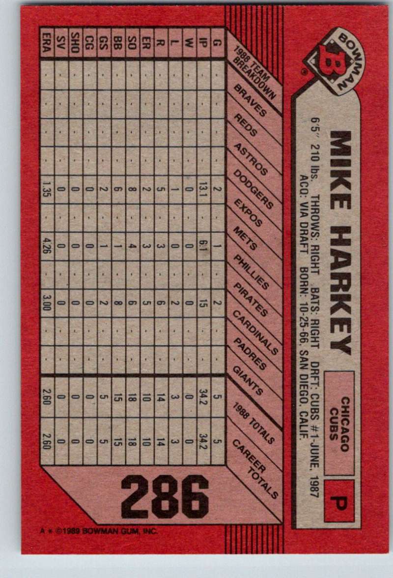 1989 Bowman #286 Mike Harkey RC Rookie Cubs MLB Baseball Image 2