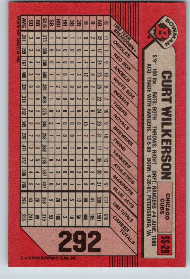 1989 Bowman #292 Curtis Wilkerson Cubs MLB Baseball Image 2