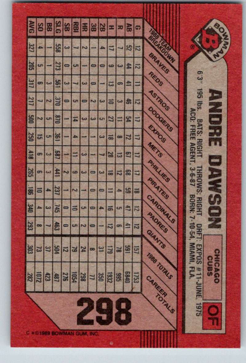1989 Bowman #298 Andre Dawson Cubs MLB Baseball Image 2