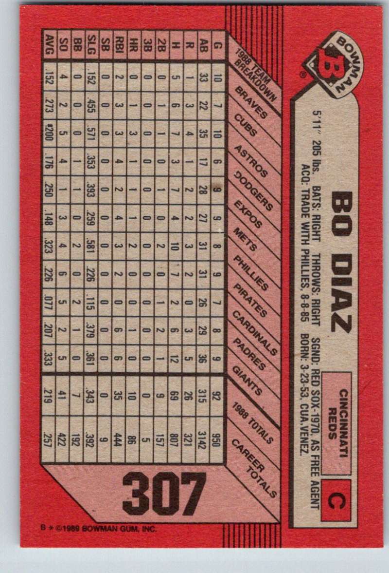 1989 Bowman #307 Bo Diaz Reds MLB Baseball Image 2