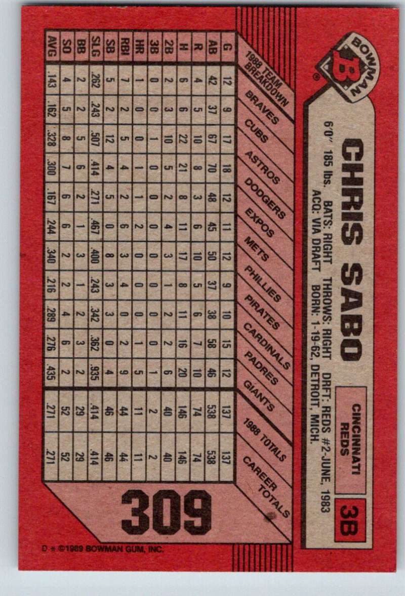 1989 Bowman #309 Chris Sabo RC Rookie Reds MLB Baseball Image 2