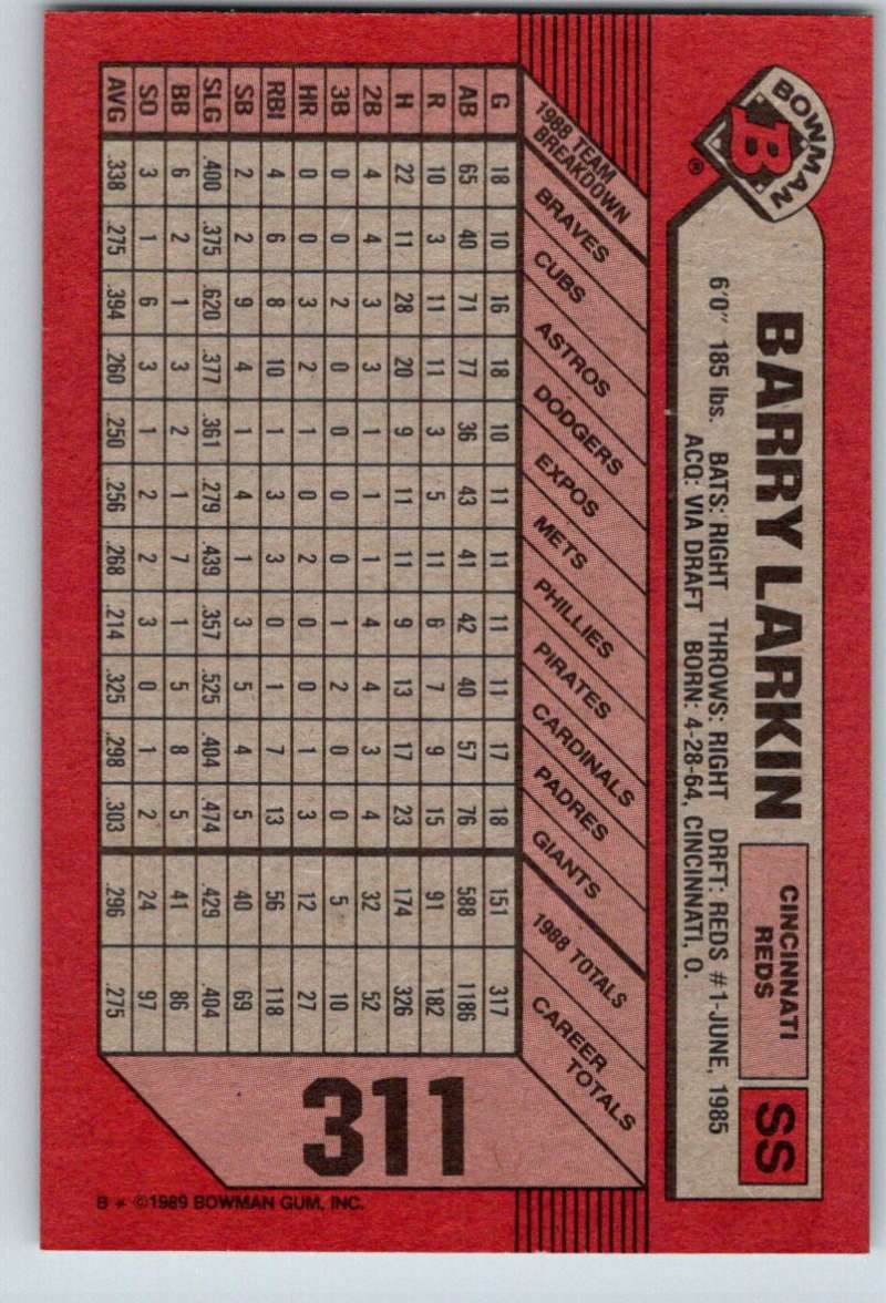 1989 Bowman #311 Barry Larkin Reds MLB Baseball Image 2