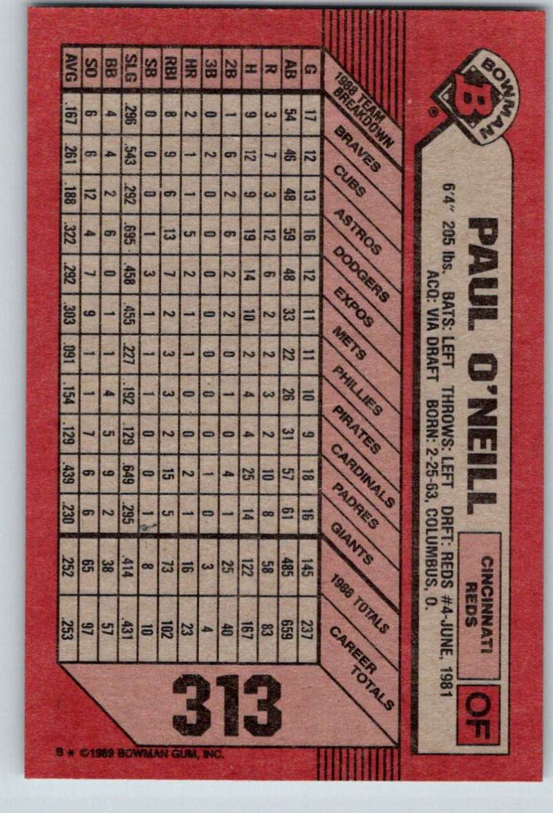 1989 Bowman #313 Paul O'Neill Reds MLB Baseball Image 2