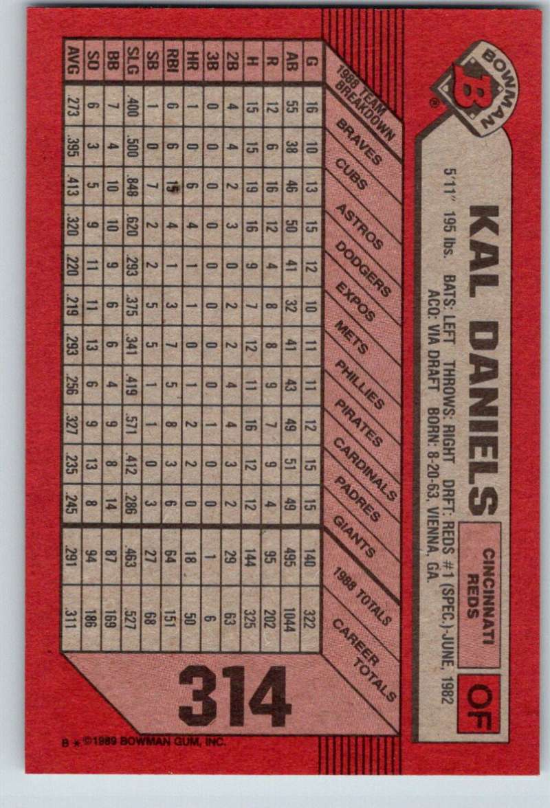 1989 Bowman #314 Kal Daniels Reds MLB Baseball Image 2