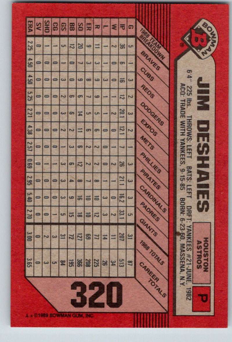 1989 Bowman #320 Jim Deshaies Astros MLB Baseball Image 2