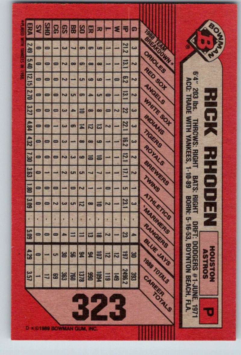 1989 Bowman #323 Rick Rhoden Astros MLB Baseball Image 2