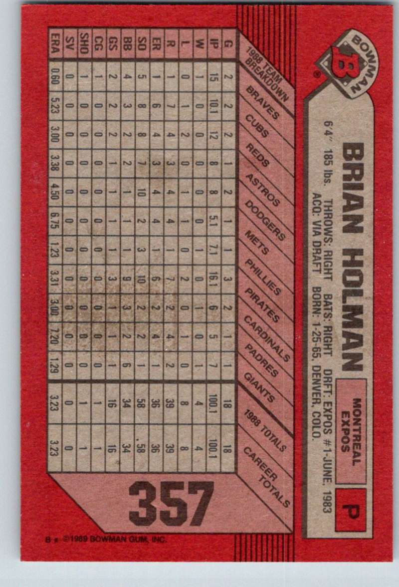 1989 Bowman #357 Brian Holman RC Rookie Expos MLB Baseball Image 2