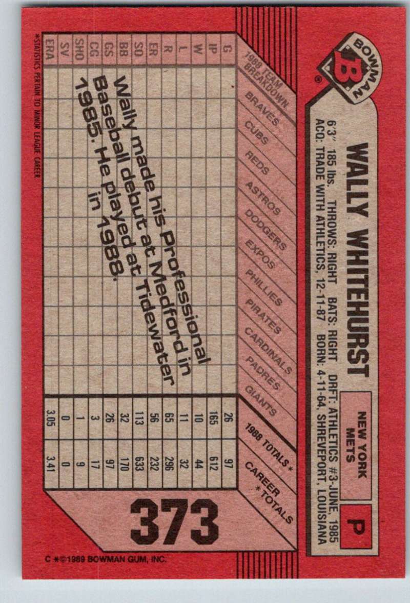 1989 Bowman #373 Wally Whitehurst RC Rookie Mets MLB Baseball Image 2
