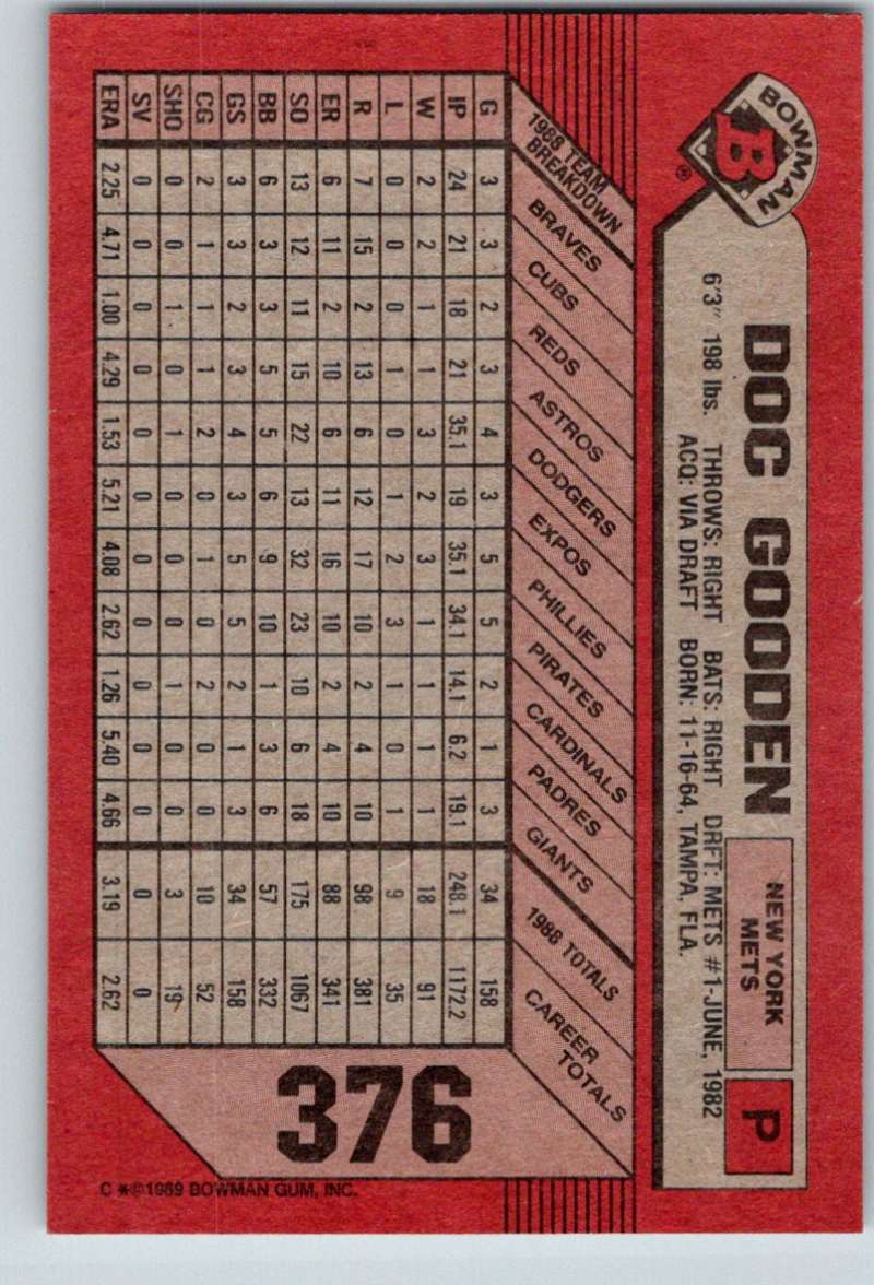 1989 Bowman #376 Dwight Gooden Mets MLB Baseball Image 2