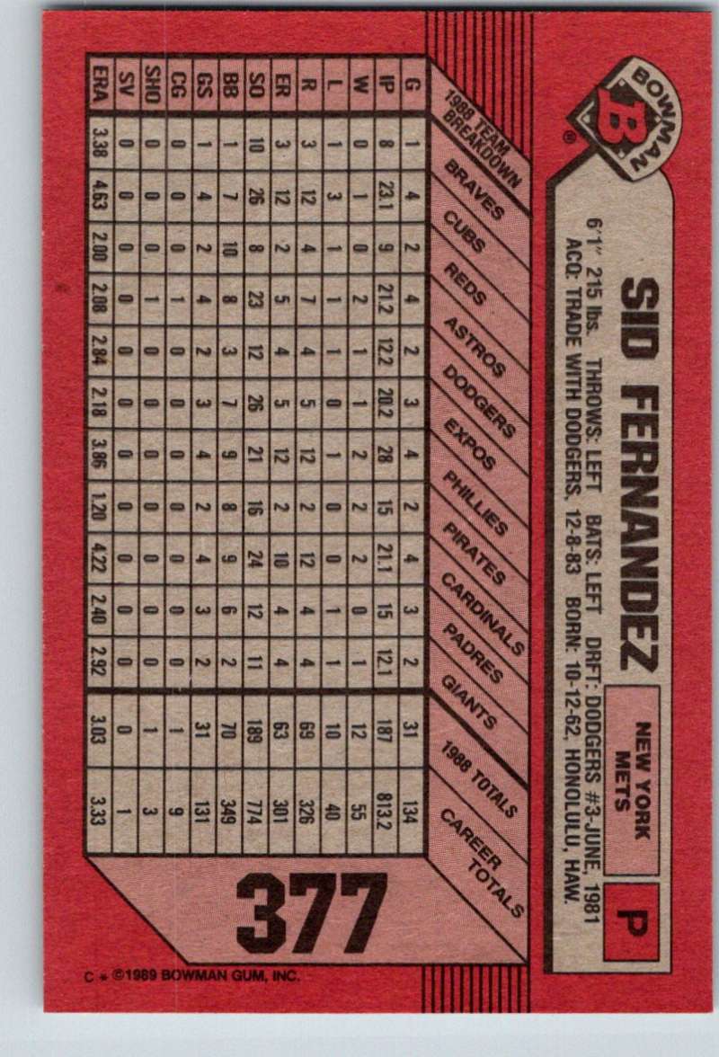 1989 Bowman #377 Sid Fernandez Mets MLB Baseball Image 2