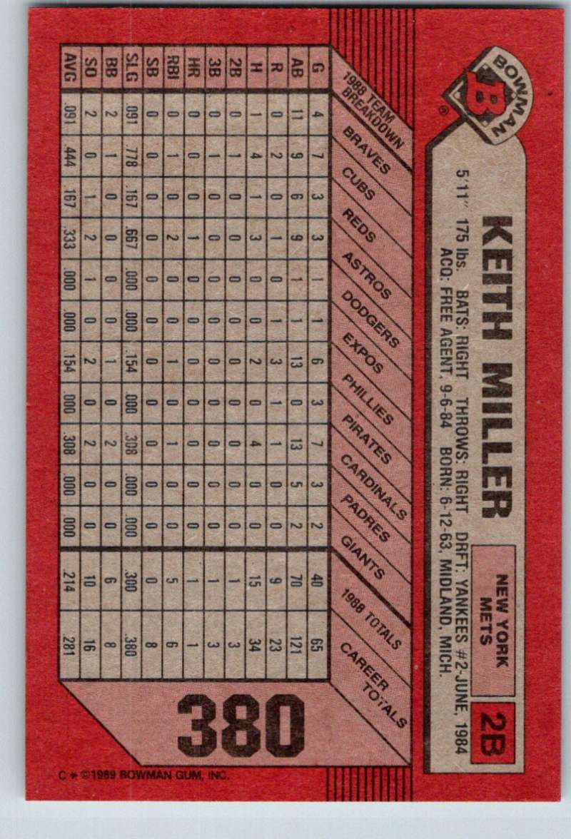 1989 Bowman #380 Keith Miller Mets MLB Baseball Image 2
